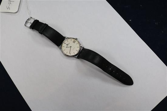 A gentlemans stainless steel Jaeger Le Coultre automatic dress wrist watch, with box.